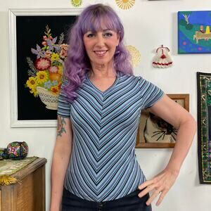 Vintage Blue Chevron Striped Baby Tee, 1990s Express Tricot V-Neck T-Shirt Sz S